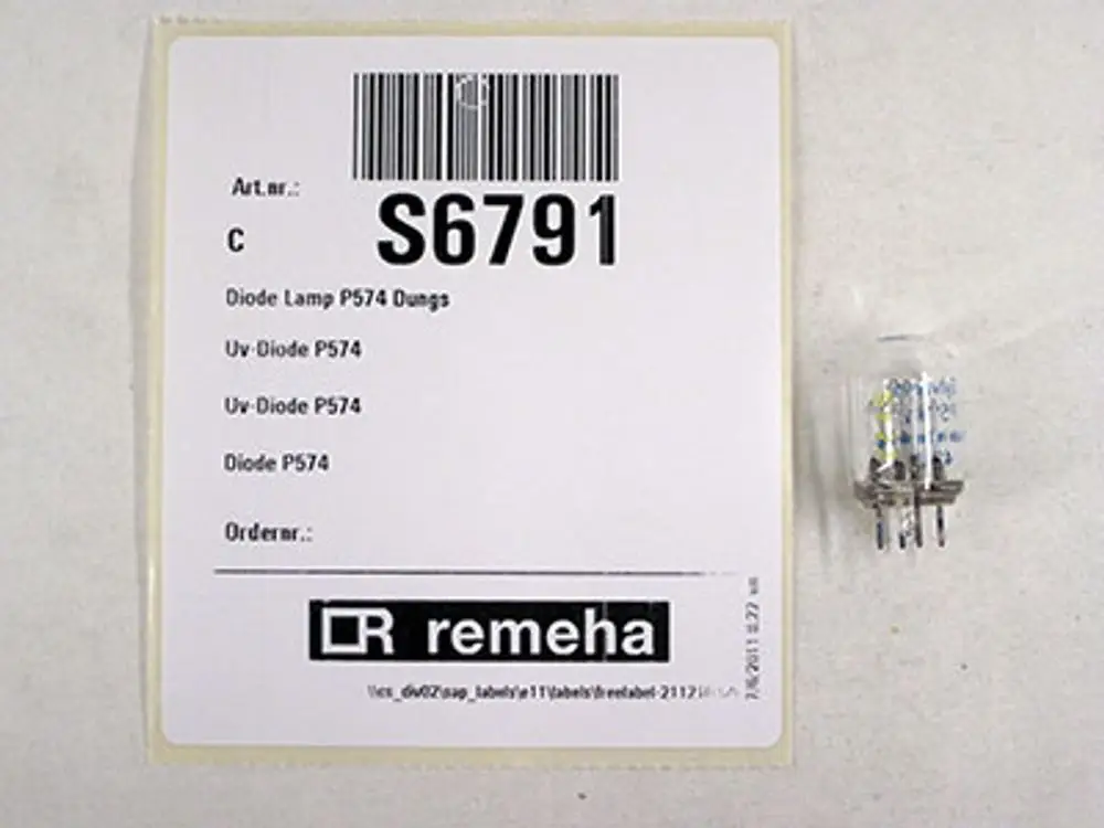UV-Diode, verpackt mit Artikelinformationen, stammt von der Marke Remeha. Abgebildet ist die Diode in einer transparenten Hülle neben einer Informationskarte.